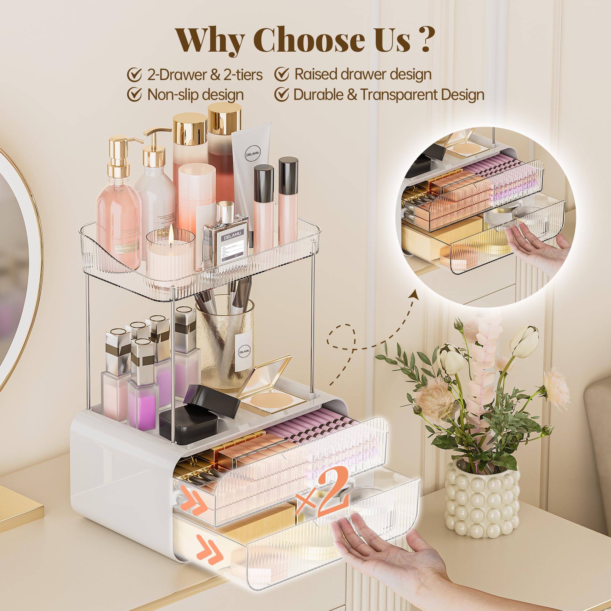 Delamu clear vanity desk organizer close-up highlights sleek design