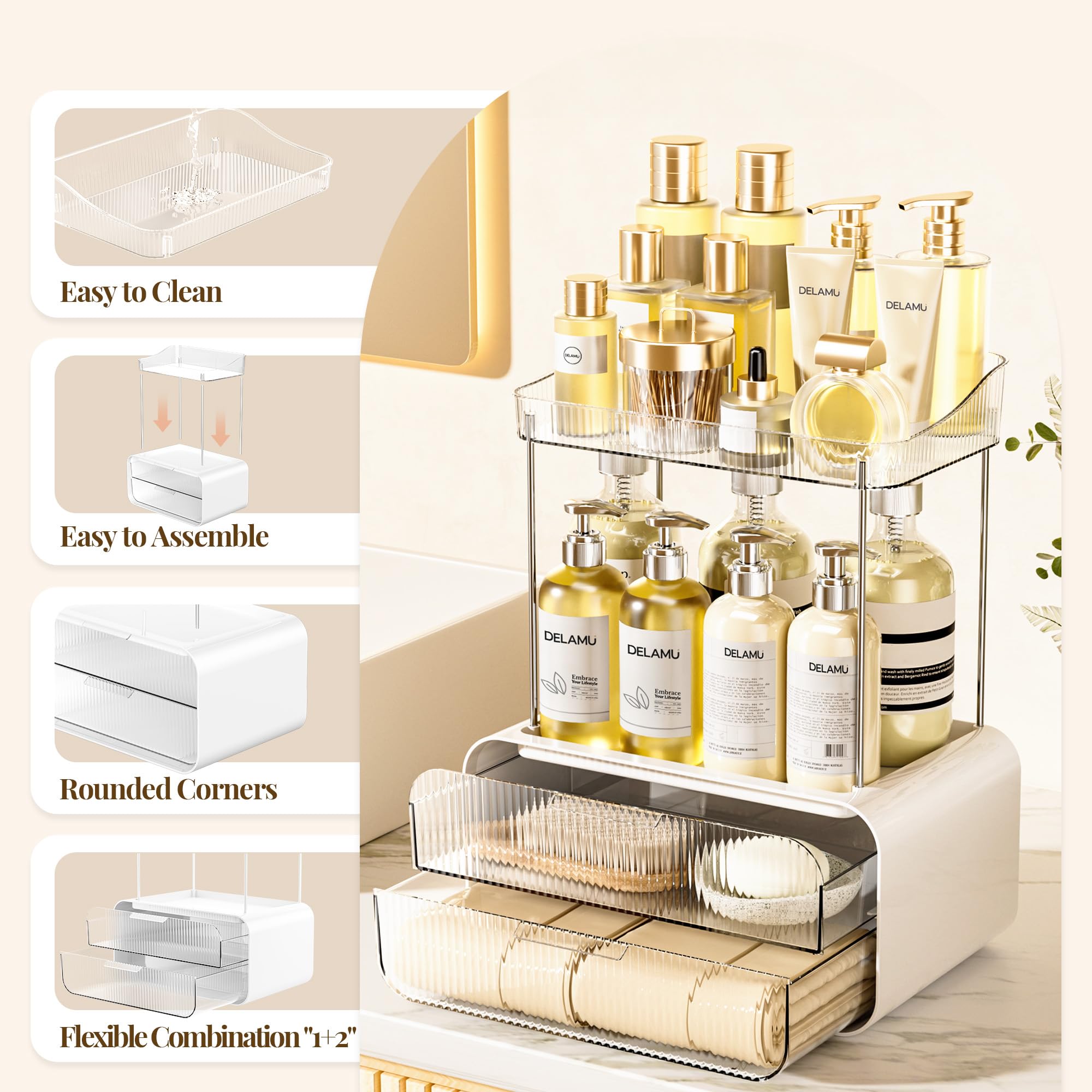 Delamu detachable vanity organizer used in different spaces for clutter-free areas