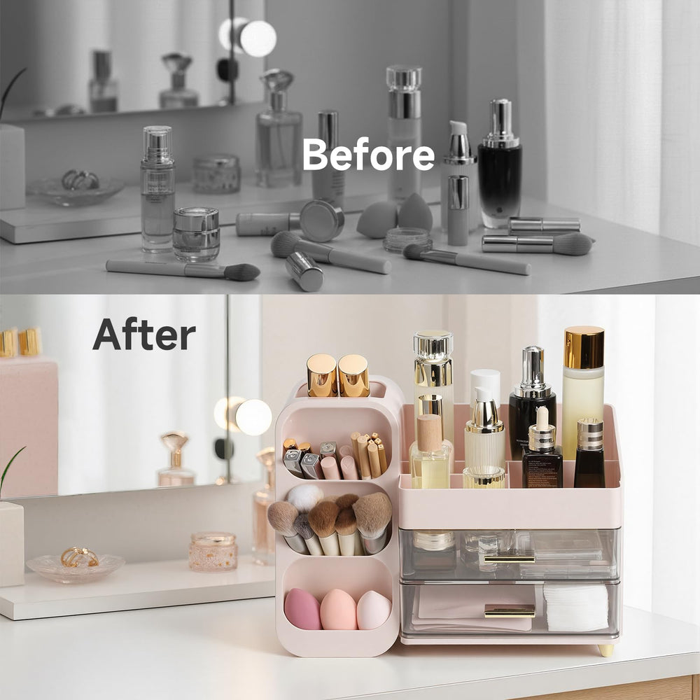 Delamu makeup organizer on bedroom dresser for tidy vanity space