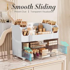 Delamu bottom drawers open showing large storage capacity for palettes and tools.
