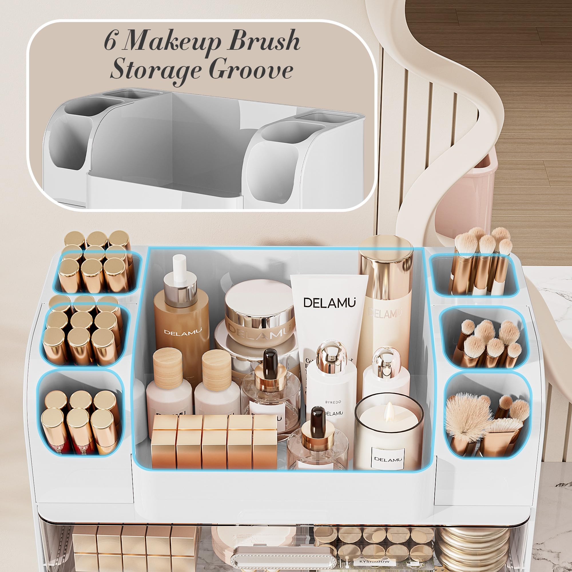 Delamu drawer handles close-up highlight smooth, durable metal hardware.
