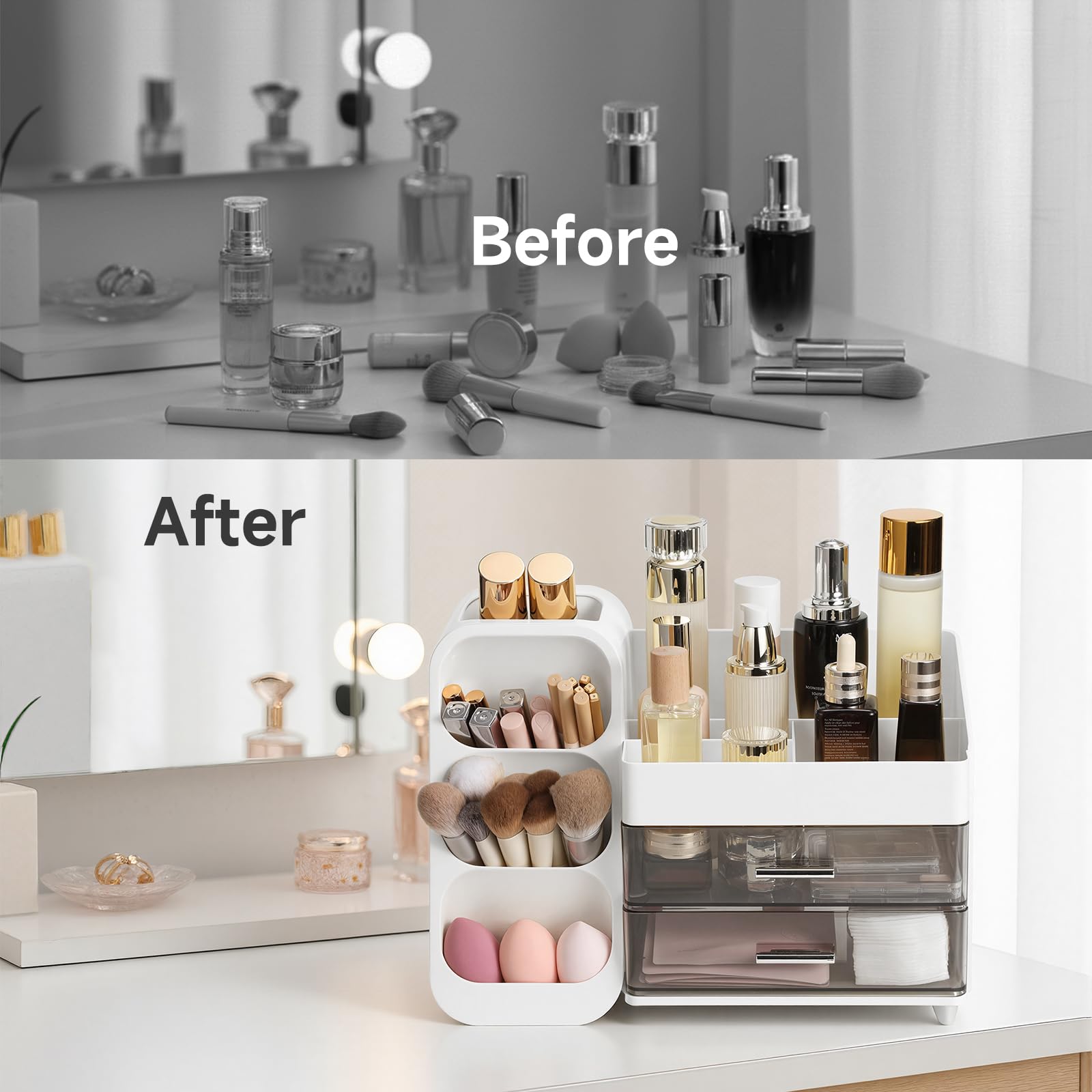 Delamu Makeup Organizer Countertop full vanity storage reduces countertop clutter