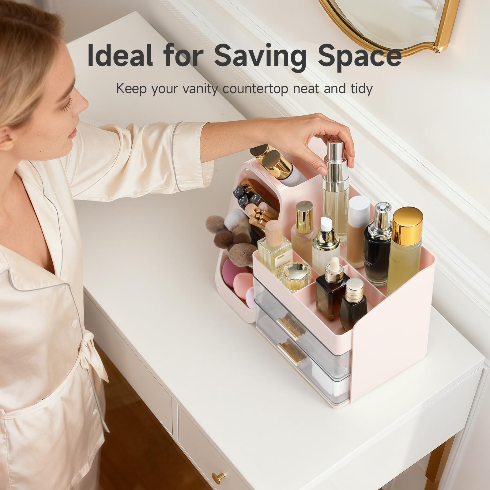Delamu makeup organizer versatile storage for skincare, tools, and small items