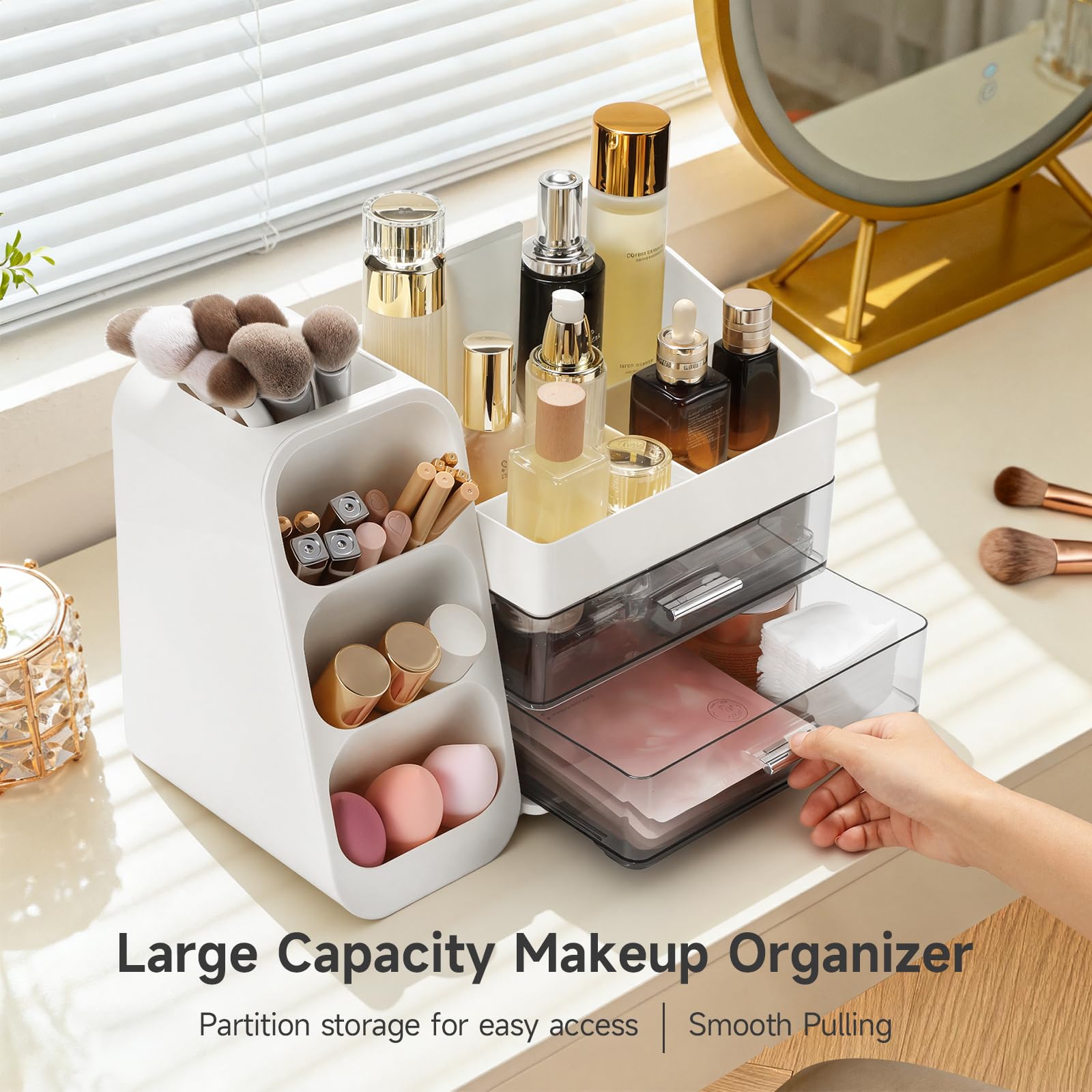 Delamu Makeup Organizer Countertop requires no assembly for instant use