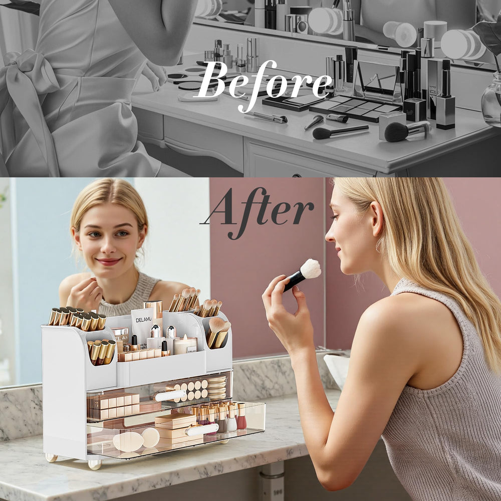 Delamu pink makeup organizer option adding a chic touch to the bathroom.