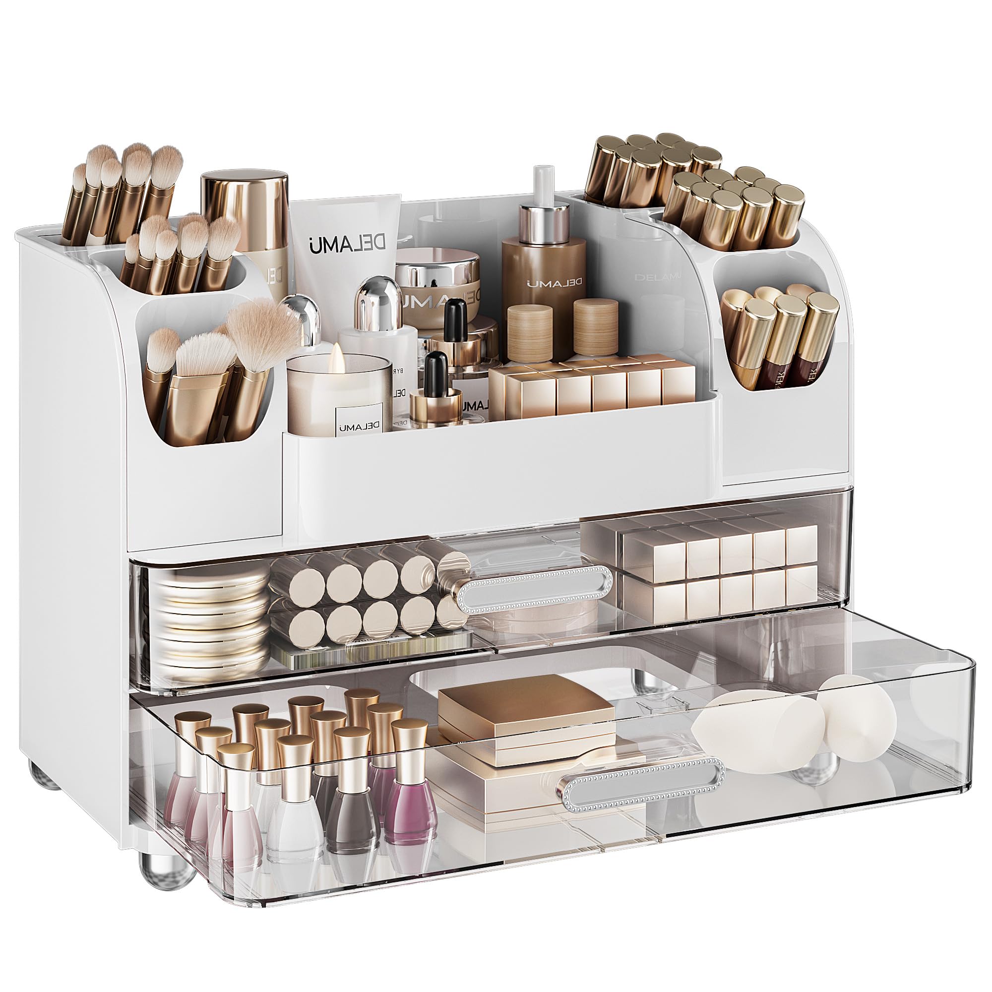 Delamu makeup organizer top view with curved slots for easy access and organization.