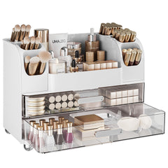 Delamu makeup organizer top view with curved slots for easy access and organization.