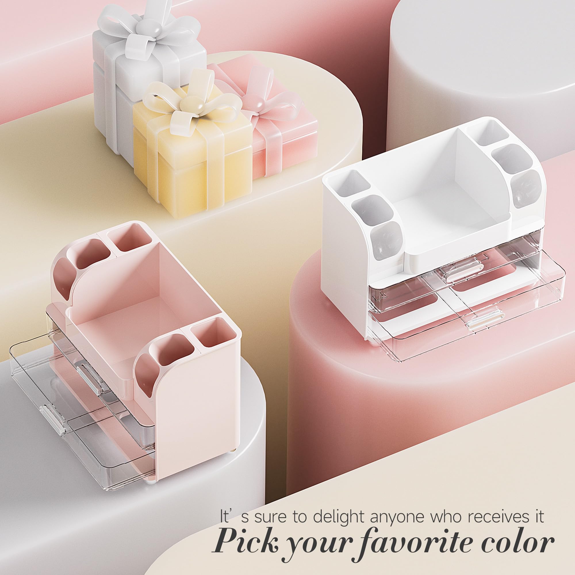 Delamu vanity setup showcasing organized cosmetics on the countertop.