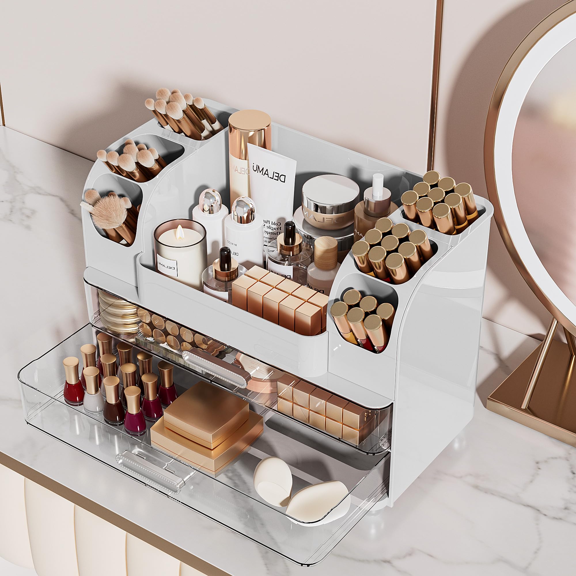 Delamu white makeup organizer option blending with a bright vanity decor.