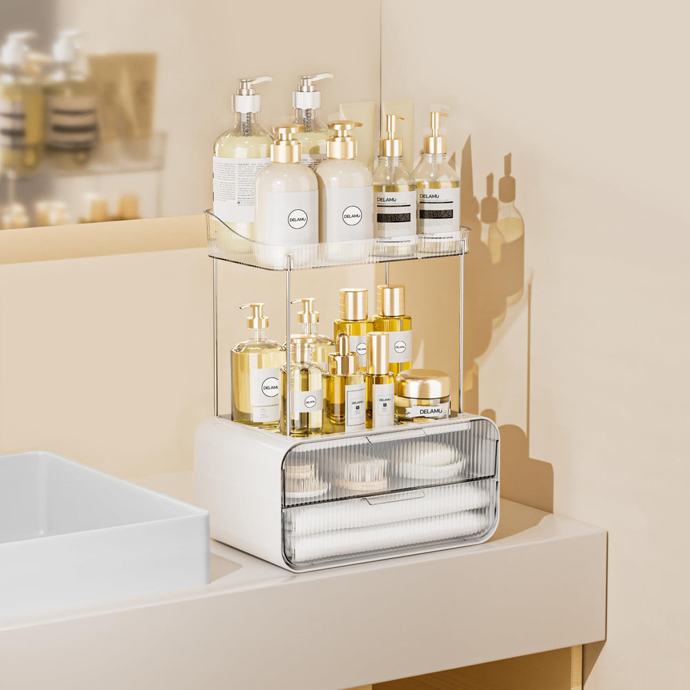 Delamu skincare and perfume storage solution organized on a clear surface