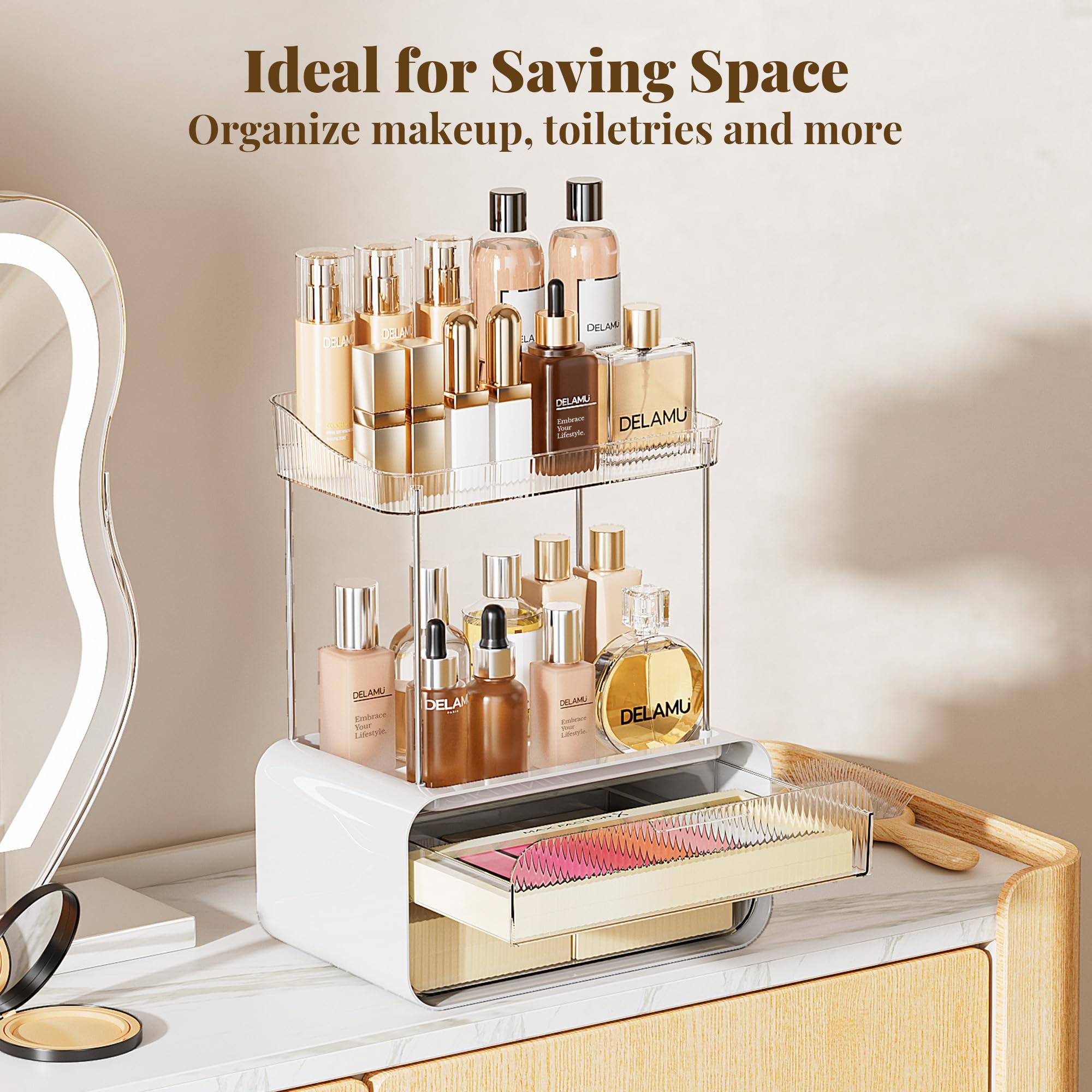 Delamu sleek design makeup organizer showing transparent surface and clear storage