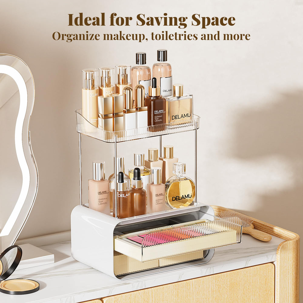 Delamu sleek design makeup organizer showing transparent surface and clear storage