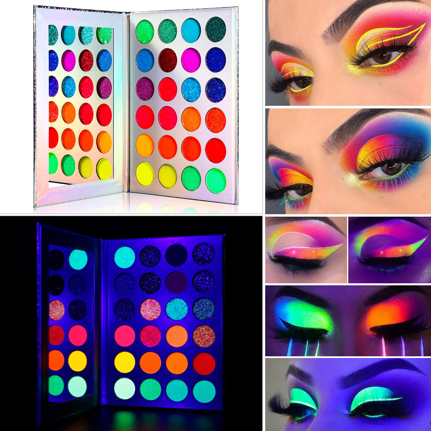 DE'LANCI Aurora Glow Palette swatches displaying neon pigments for bold day-to-night looks