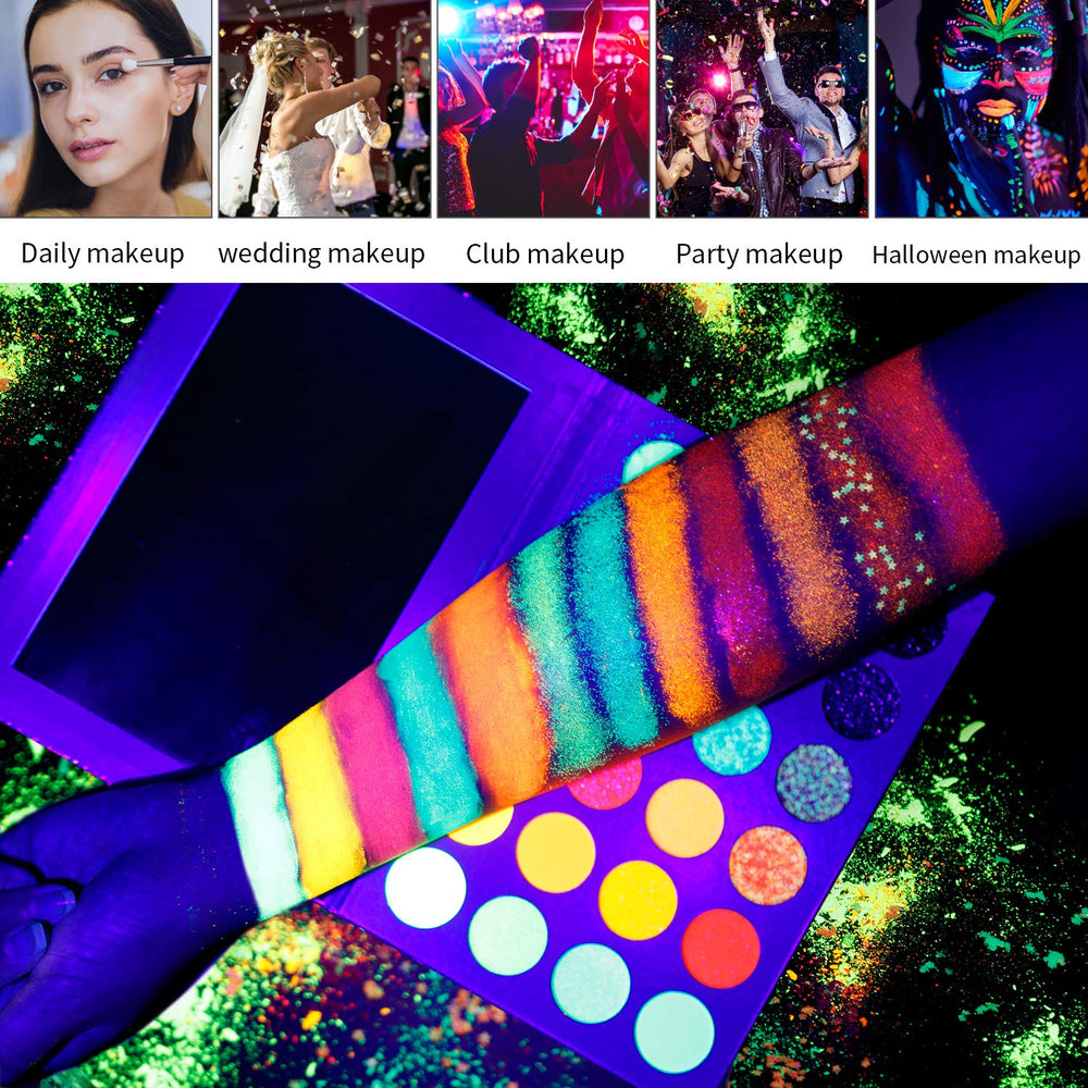 DE'LANCI Aurora Glow Palette under UV light revealing glow effects for dramatic performances