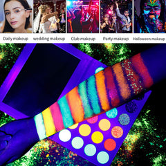 DE'LANCI Aurora Glow Palette under UV light revealing glow effects for dramatic performances