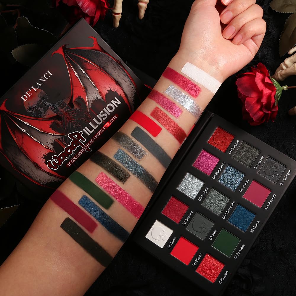 DE'LANCI Red Black Goth palette used for a dramatic Halloween cosplay look