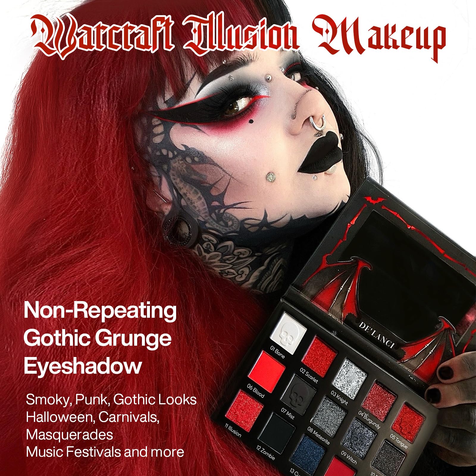 DE'LANCI Goth matte shades like Skeleton White and Jester Red for versatile day to night drama
