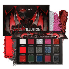DE'LANCI Red Black Goth Eyeshadow Palette swatch showcases dramatic pigment and bold packaging for goth looks