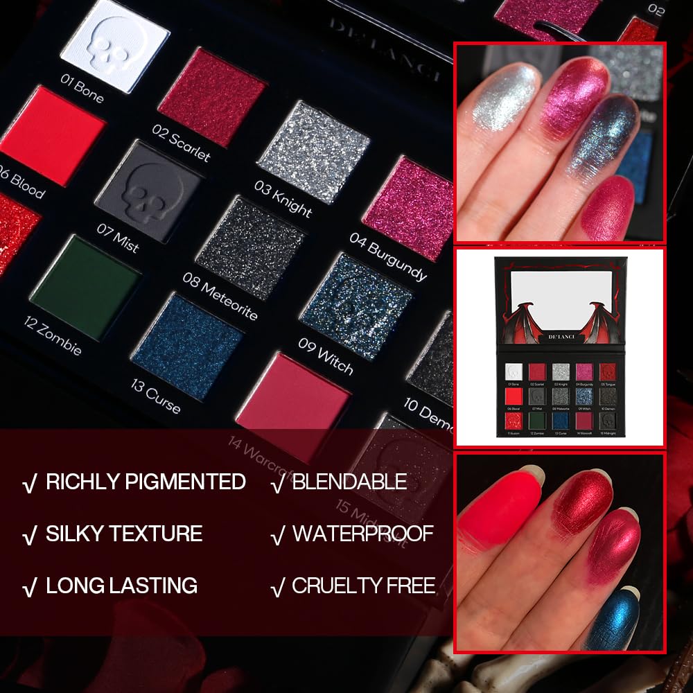 DE'LANCI Red Black Goth Eyeshadow Palette close up highlights rich mattes with shimmer accents