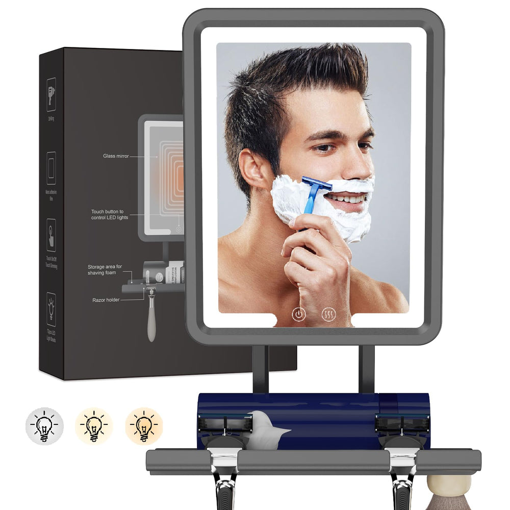 DeLanges LED shower mirror front view with fogless surface for crisp morning shaves.