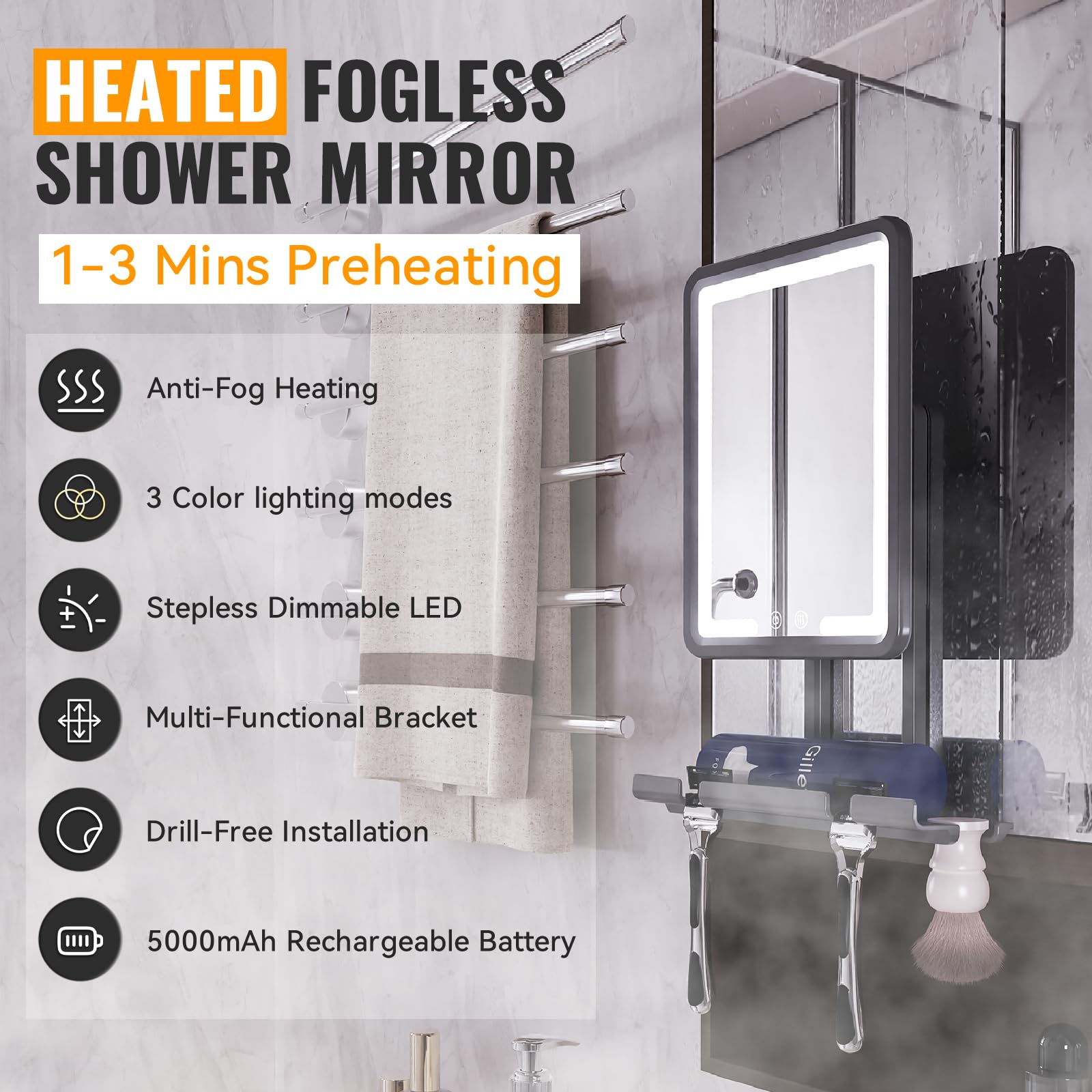 DeLanges LED shower mirror heated surface preventing fog during steamy showers.