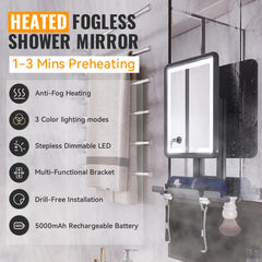 DeLanges LED shower mirror heated surface preventing fog during steamy showers.