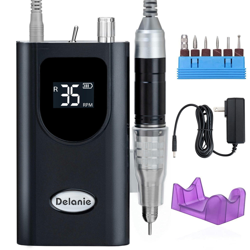 Delanie nail drill with high torque motor enables fast shaping and product removal.
