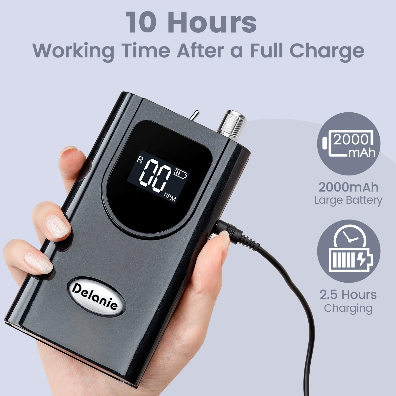 Delanie nail drill portable rechargeable design enables work anywhere without outlets.