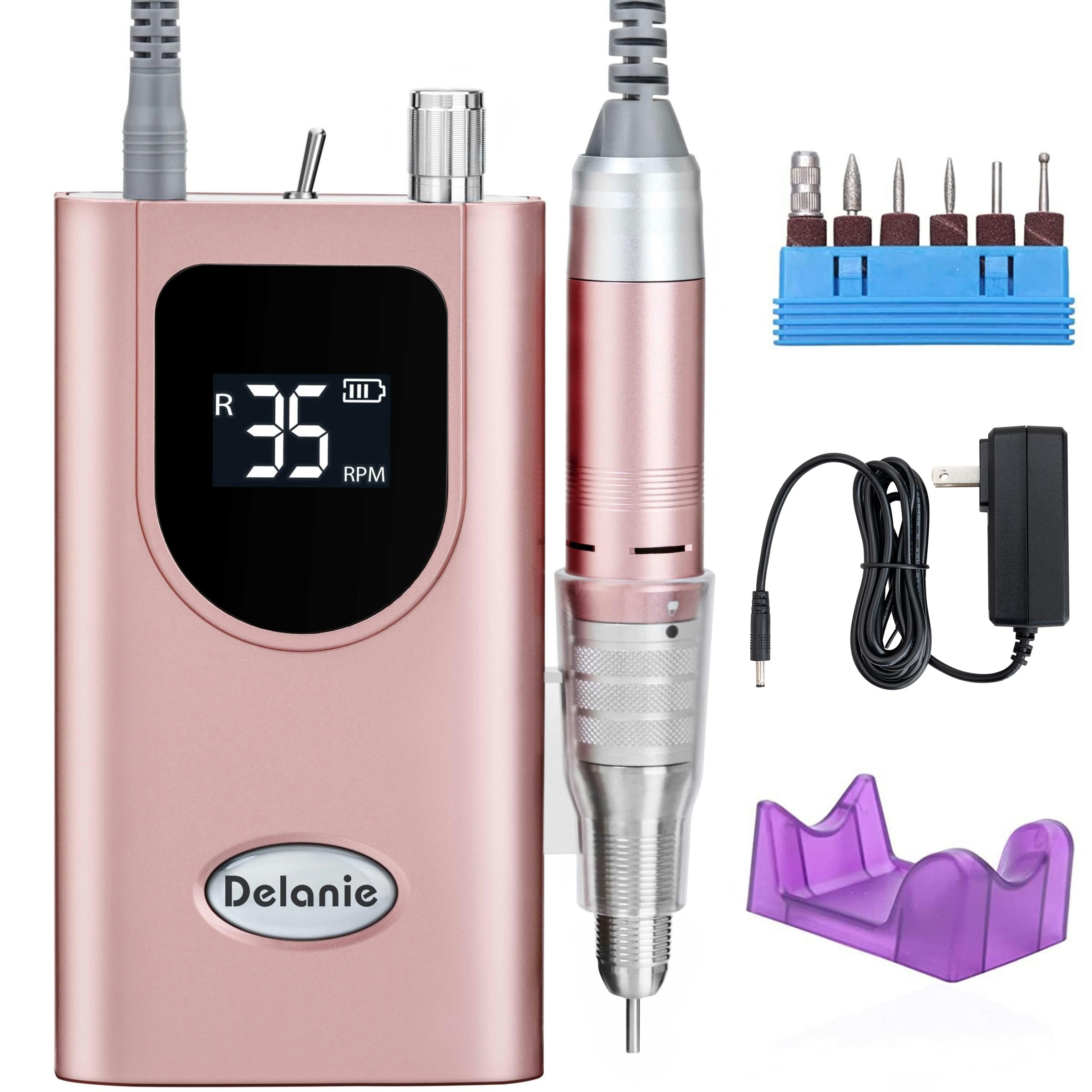 Delanie professional nail drill rose gold front view highlights compact, powerful salon performance.