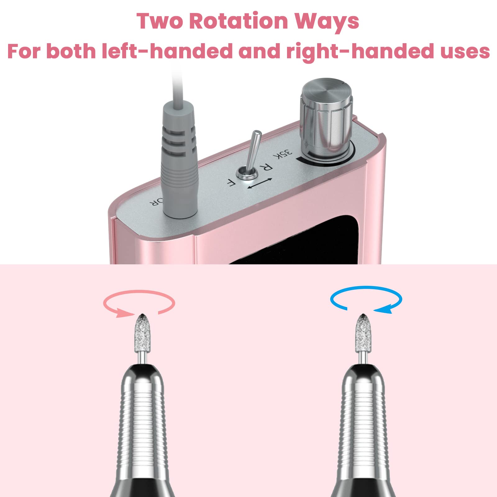 Delanie portable rose gold nail drill demonstrates cordless convenience during on-site appointments.