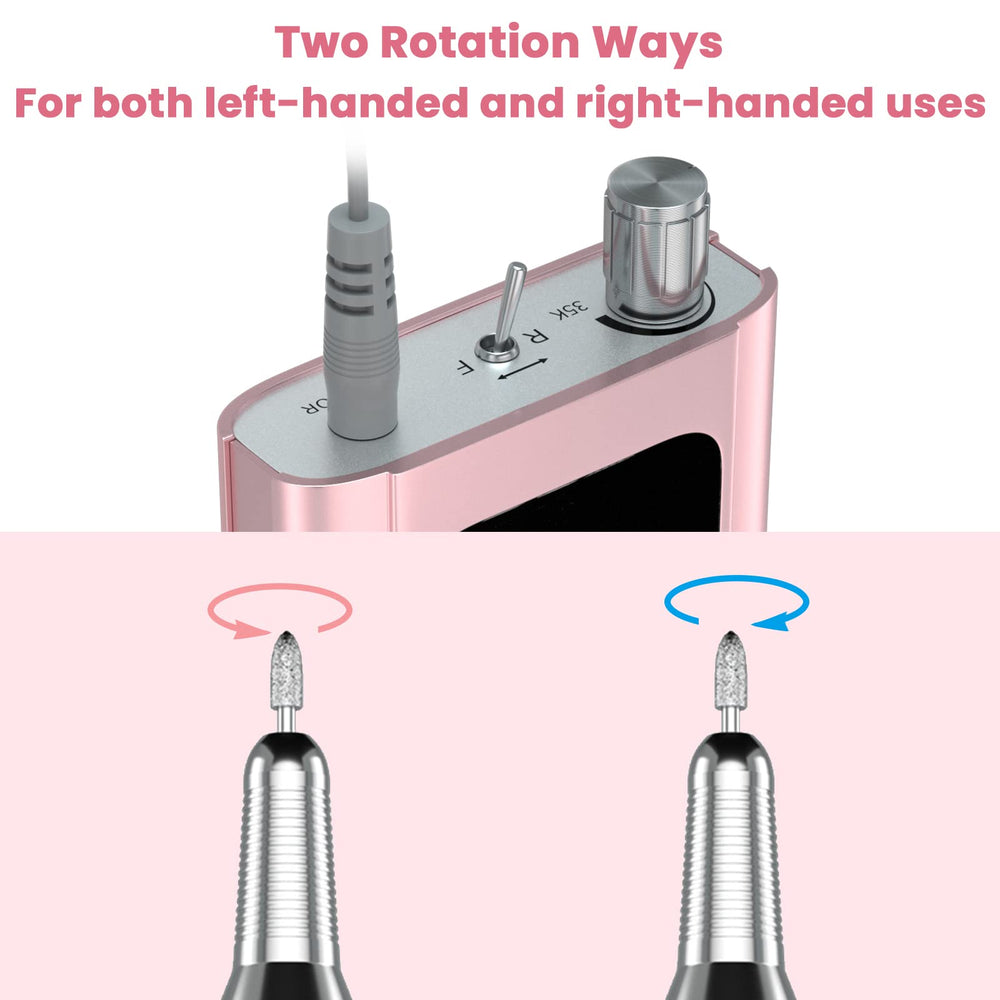 Delanie portable rose gold nail drill demonstrates cordless convenience during on-site appointments.