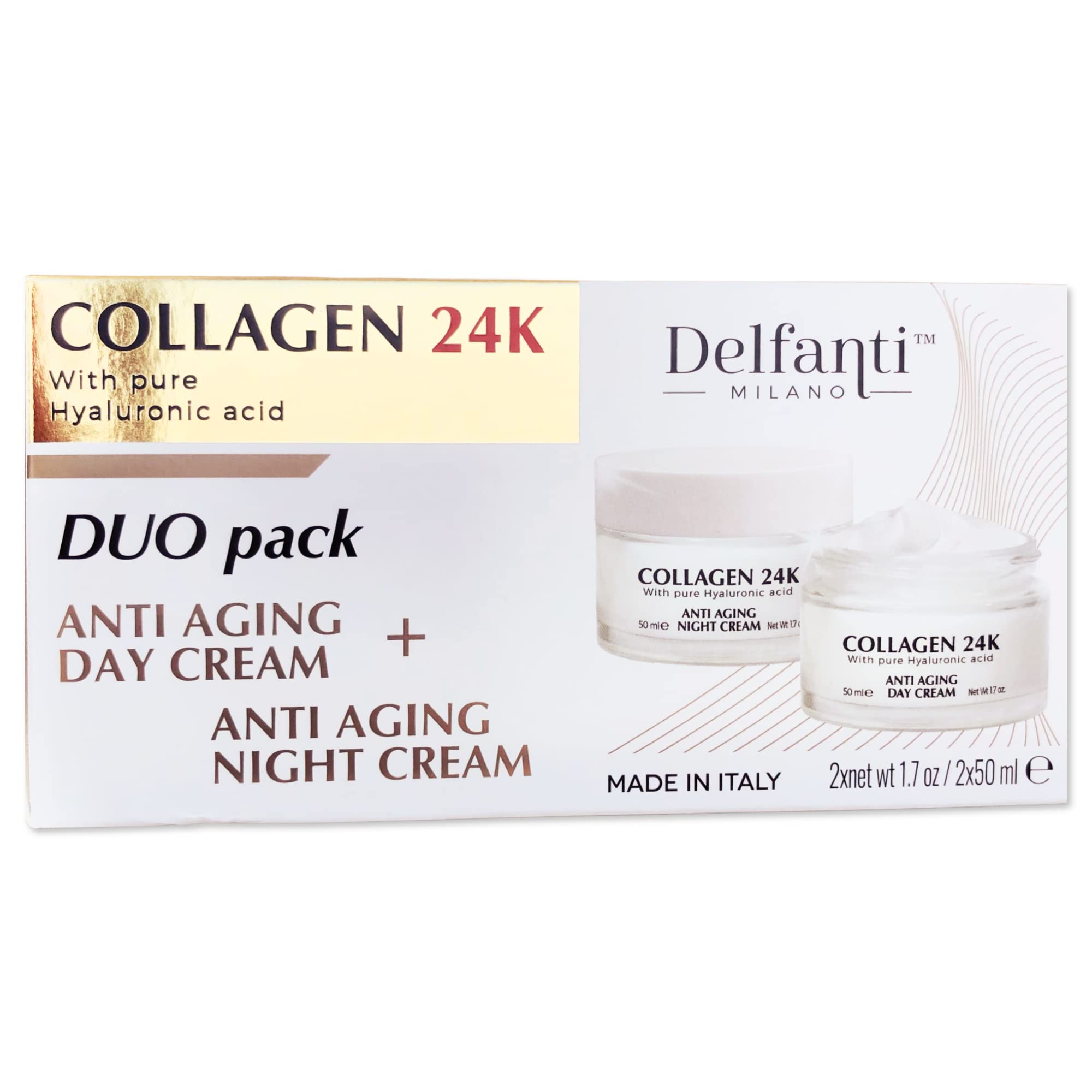Delfanti Milano COLLAGEN 24K day cream jar closeup showing rich hydration for daily use