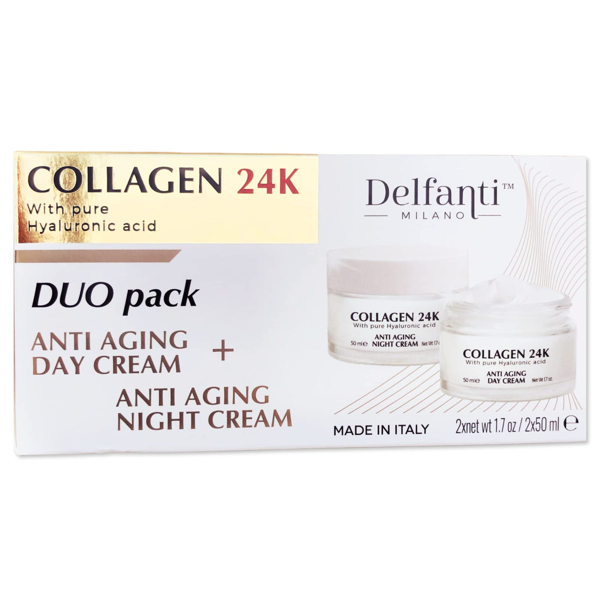 Delfanti Milano COLLAGEN 24K day cream jar closeup showing rich hydration for daily use