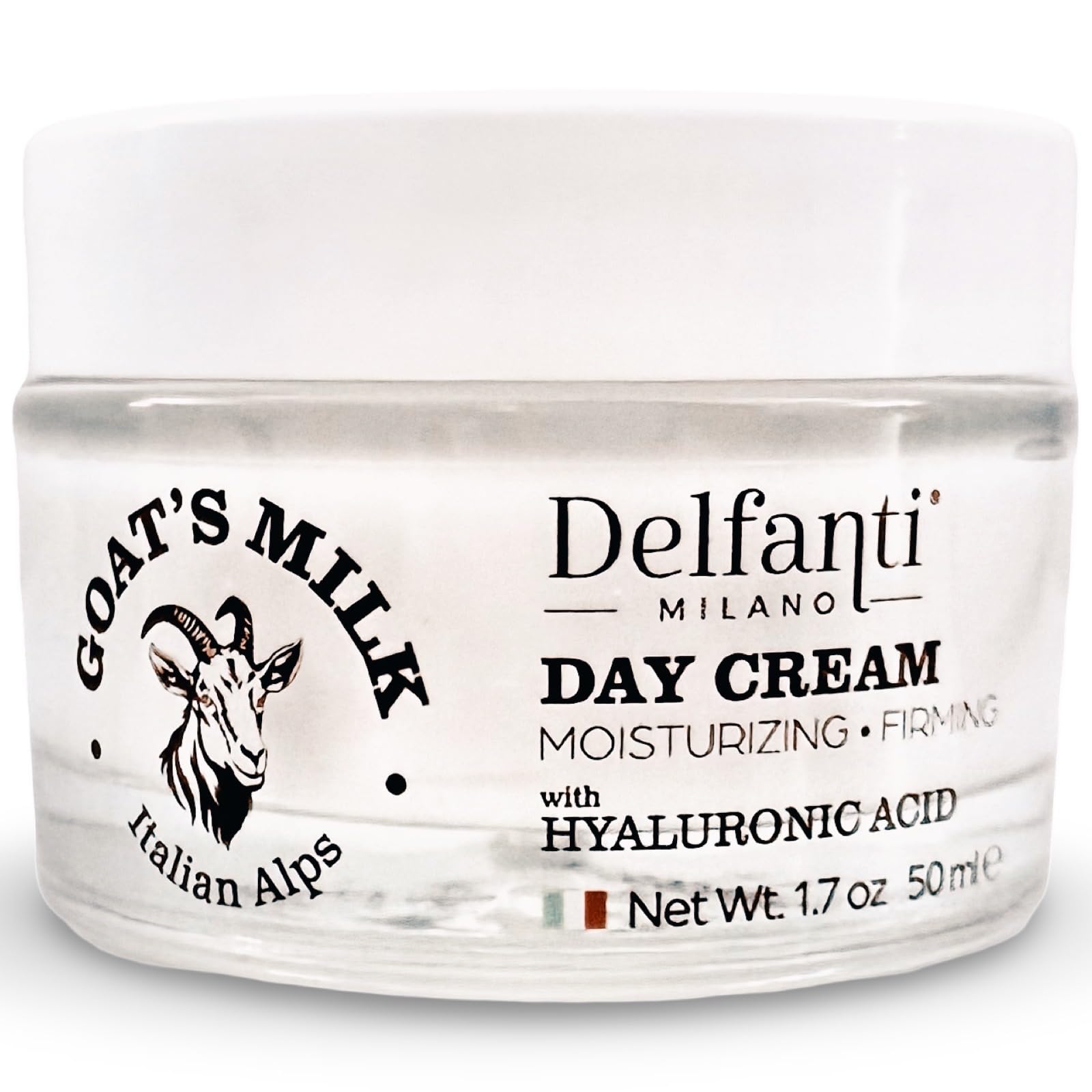 Delfanti-Milano goats milk hyaluronic day cream front view for hydrating and firming facial care.