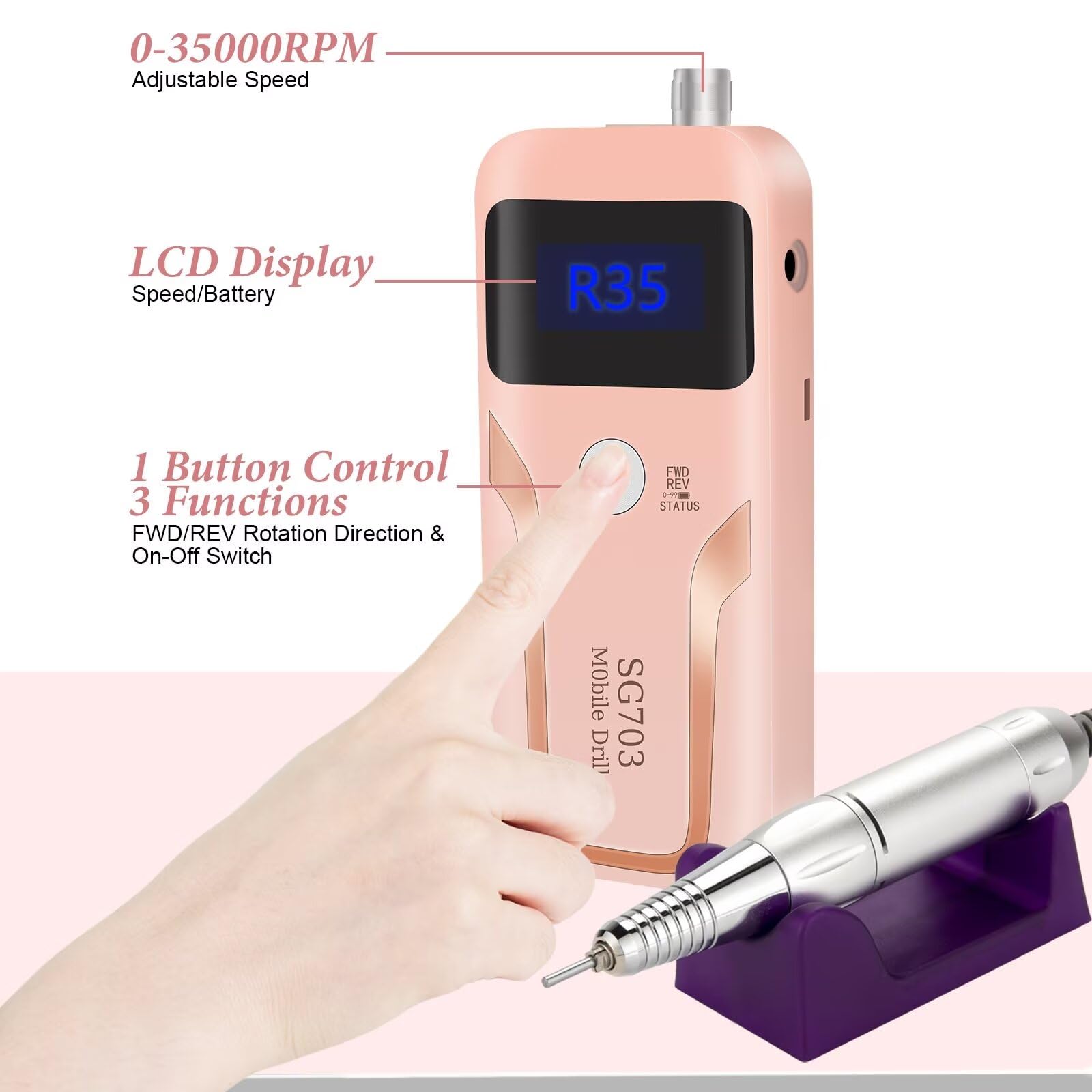 DELIFO nail drill retractable charging cable for tidy setup and storage