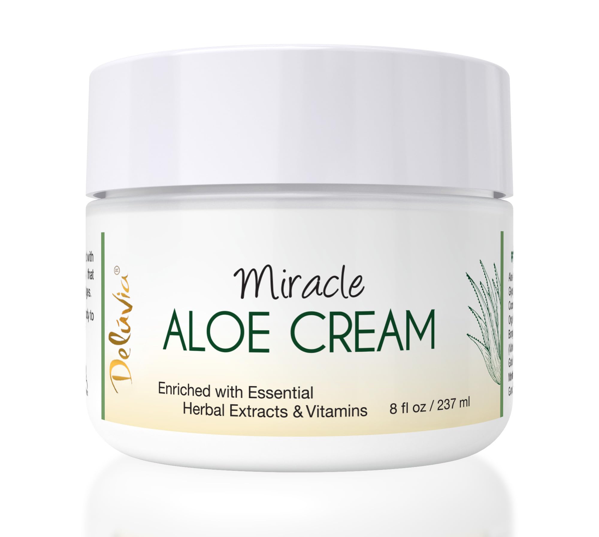 DELÚVIA Miracle Aloe Cream bottle shows organic aloe and vitamin E for hydration.