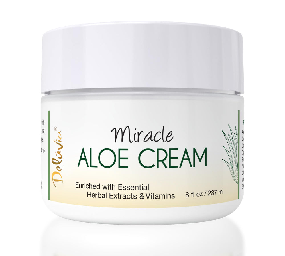 DELÚVIA Miracle Aloe Cream bottle shows organic aloe and vitamin E for hydration.