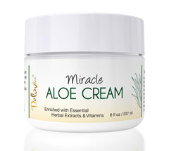 DELÚVIA Miracle Aloe Cream bottle shows organic aloe and vitamin E for hydration.