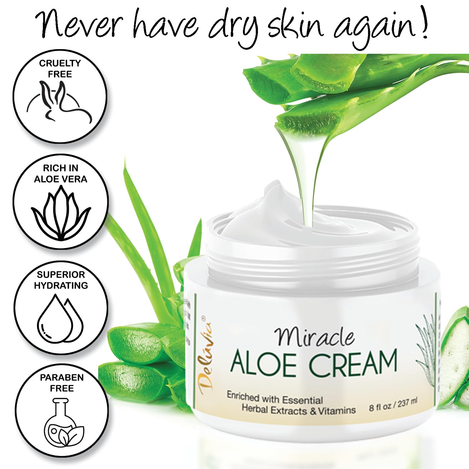 DELÚVIA Miracle Aloe Cream jar closeup highlights creamy texture for daily moisturizer.
