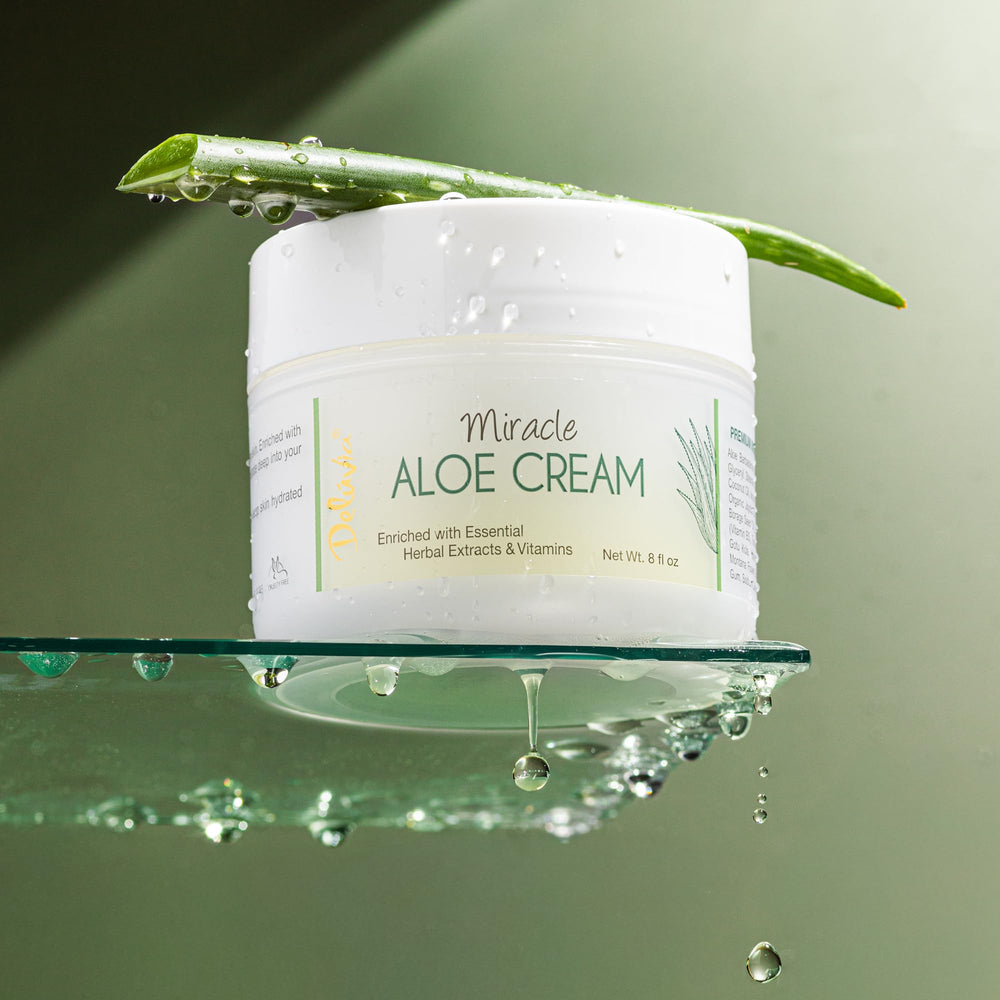 DELÚVIA Miracle Aloe Cream sunburn relief scenario demonstrates calming after sun exposure.