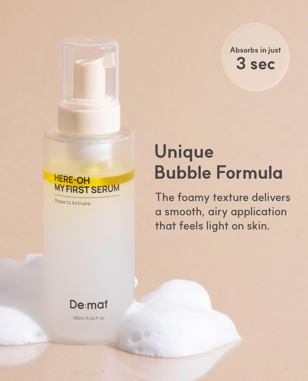De:maf Here-Oh My First Hydrating Serum foamy texture closeup signals luxurious application.