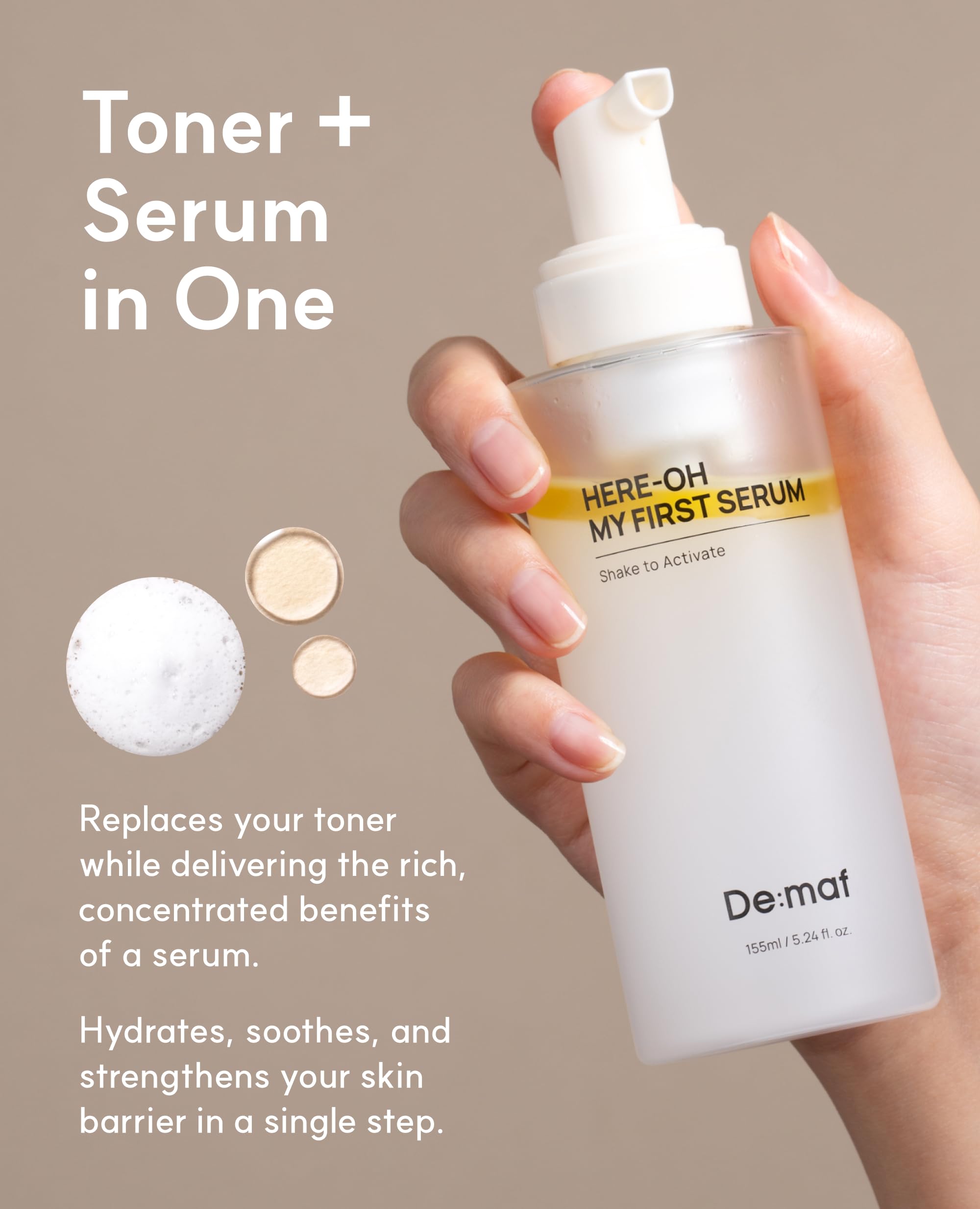 De:maf Here-Oh My First Hydrating Serum ingredients label closeup emphasizes barrier-supporting components.