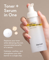 De:maf Here-Oh My First Hydrating Serum ingredients label closeup emphasizes barrier-supporting components.