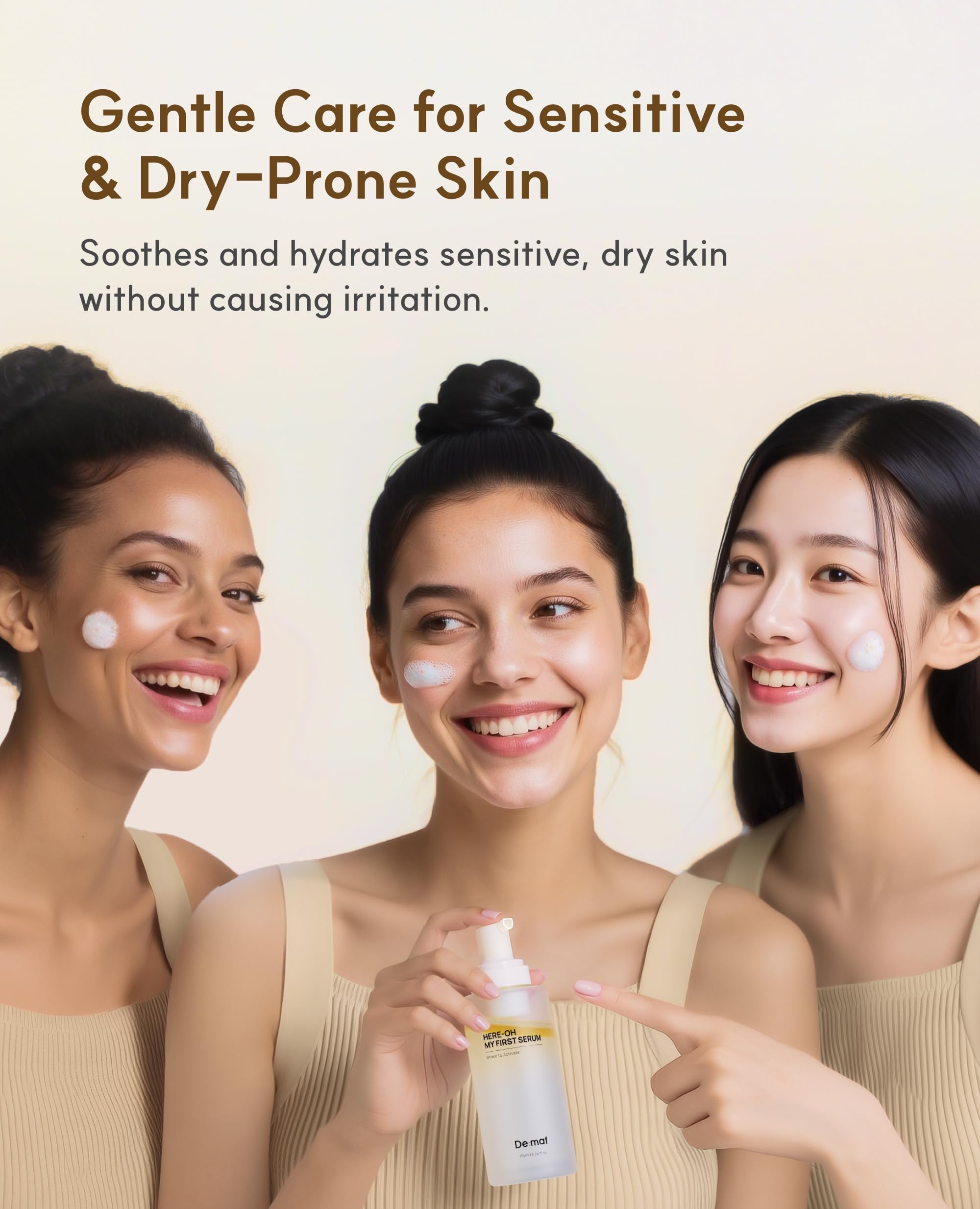 De:maf Here-Oh My First Hydrating Serum packaging shot for sensitive-skin friendly hydration.