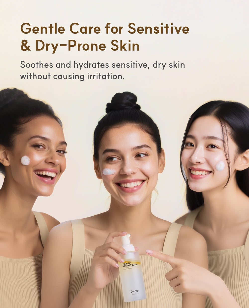 De:maf Here-Oh My First Hydrating Serum packaging shot for sensitive-skin friendly hydration.