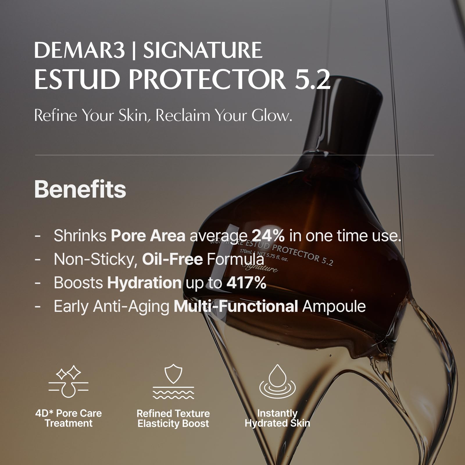 DEMAR 3 Signature ESTUD serum texture swirl shows lightweight hydration