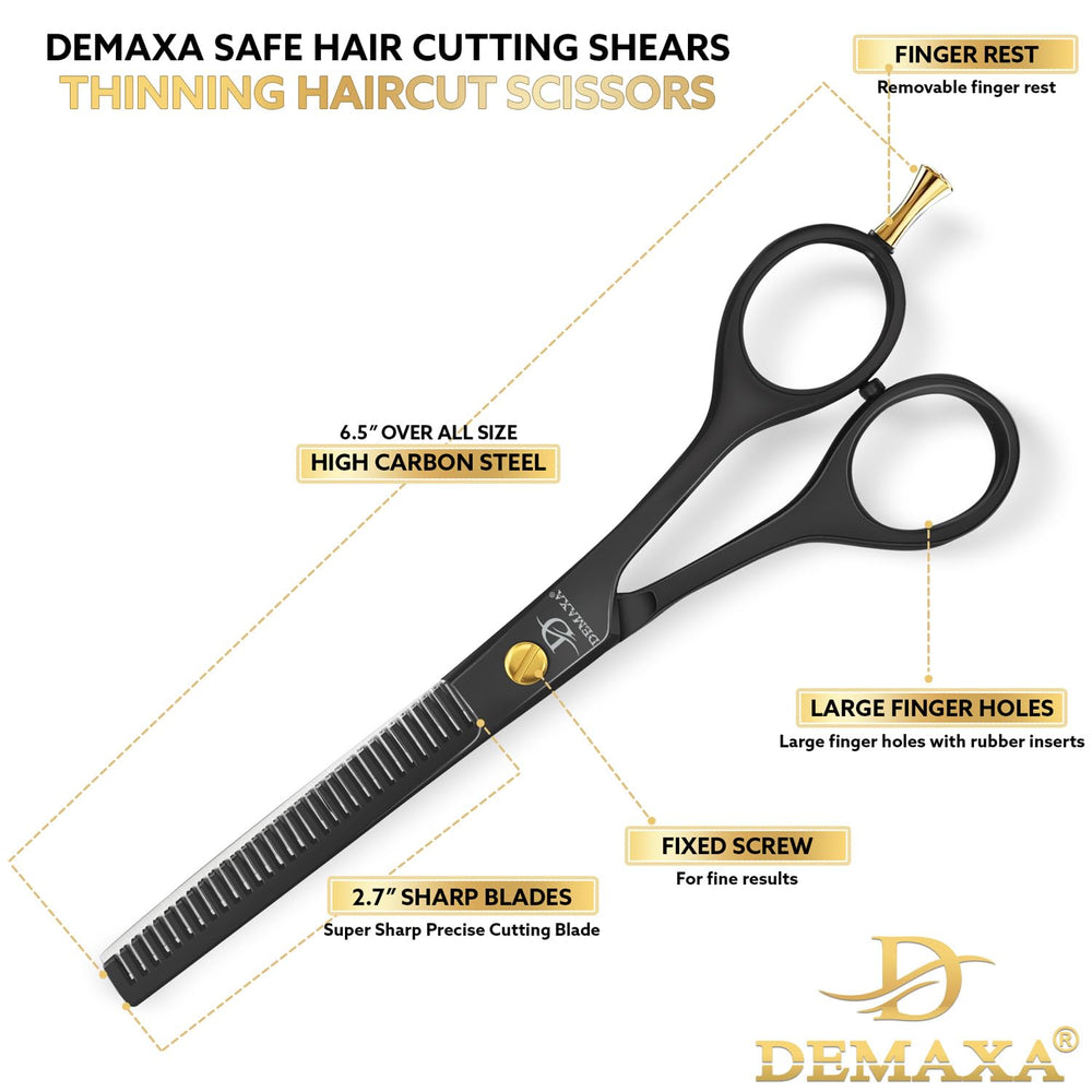 DEMAXA thinning scissors with ergonomic handle in use for comfortable control during styling.