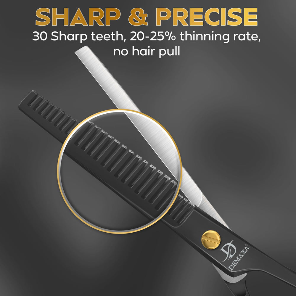 DEMAXA salon-grade thinning shears in a professional setup ideal for barbers and home use.