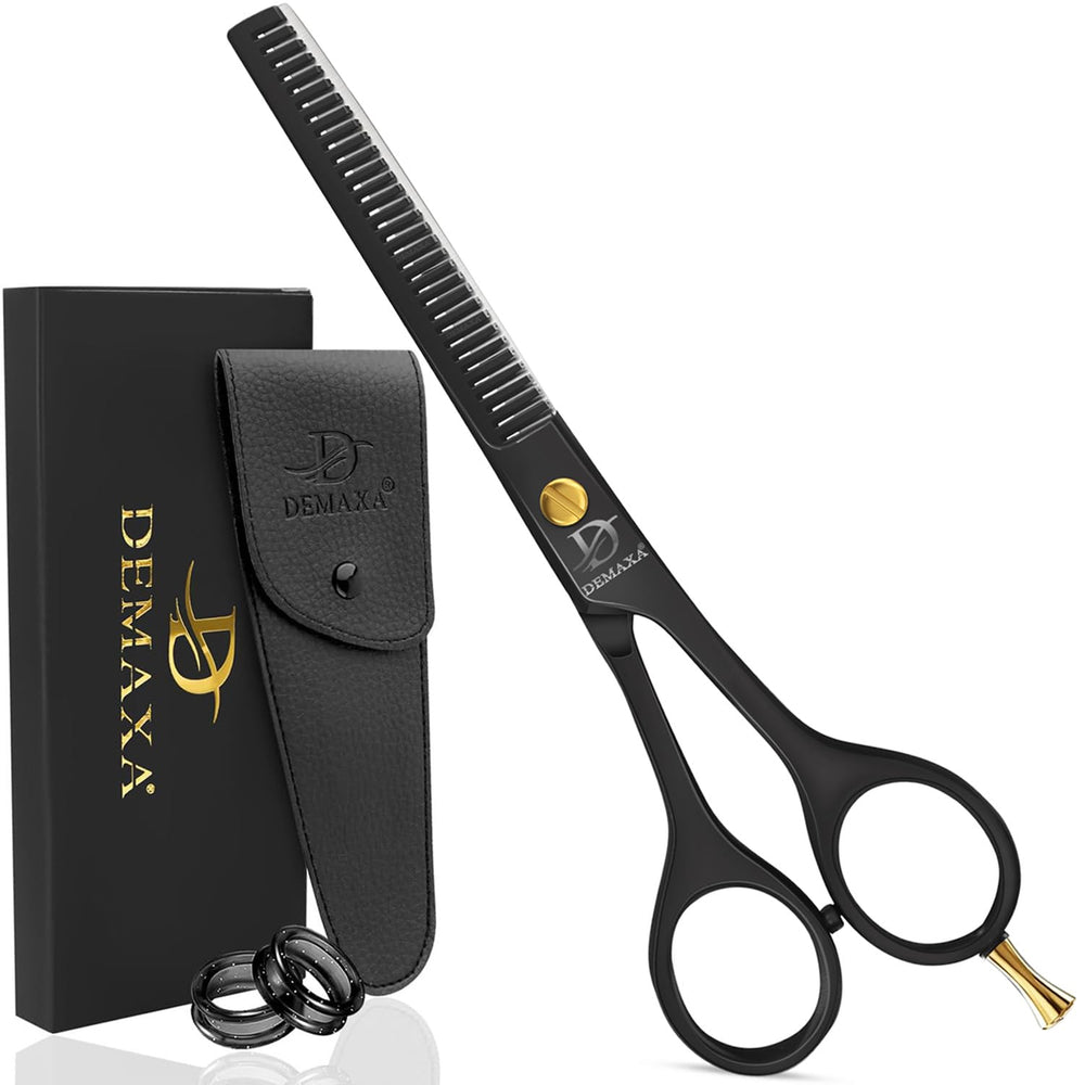 DEMAXA thinning shears 6.5-inch black steel close-up showing durable high-carbon blades for precise texturizing.