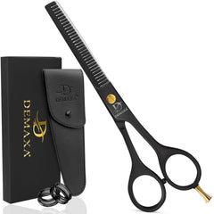 DEMAXA thinning shears 6.5-inch black steel close-up showing durable high-carbon blades for precise texturizing.
